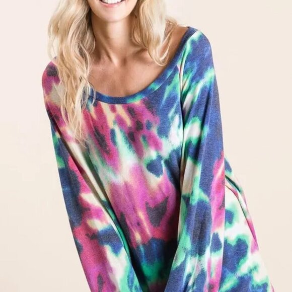 BiBi Tie Dye Print Terry Top with Puff Sleeves - Picture 1 of 12